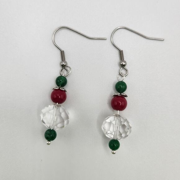 Handmade Earrings with Crystal, Red Coral, and Moonstone – 2" Dangle - Picture 4 of 7